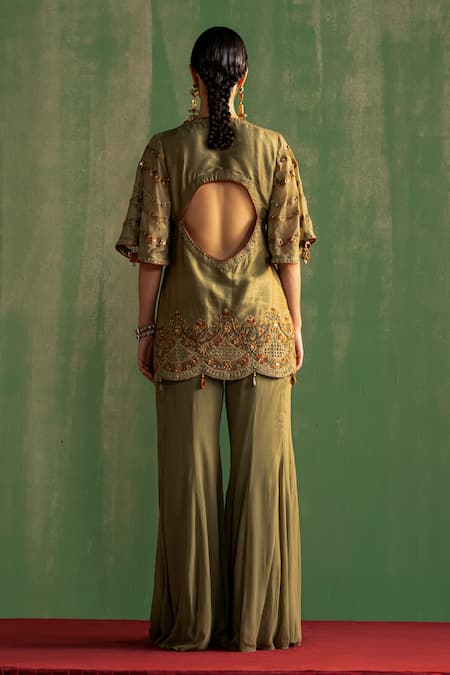 Studio Bagechaa_Green Silk, Linen Sequins, Beads, Embroidery V-neck Alira Kurta With Gharara _Online_at_Aza_Fashions
