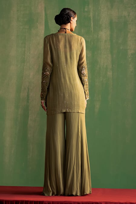Studio Bagechaa_Green Georgette Sequins, Beads, Embroidery V-neck Aadhira Kurta With Gharara _Online_at_Aza_Fashions