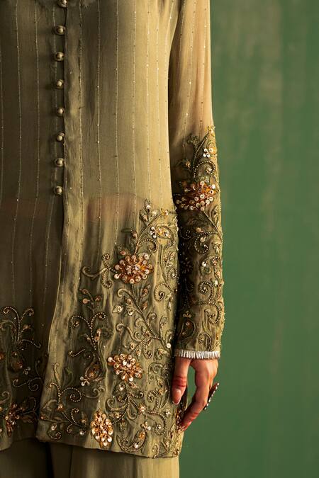 Buy_Studio Bagechaa_Green Georgette Sequins, Beads, Embroidery V-neck Aadhira Kurta With Gharara _Online_at_Aza_Fashions
