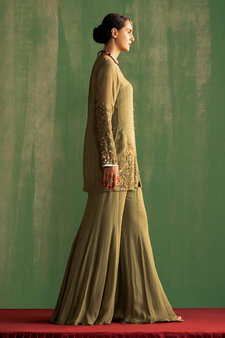 Shop_Studio Bagechaa_Green Georgette Sequins, Beads, Embroidery V-neck Aadhira Kurta With Gharara _Online_at_Aza_Fashions
