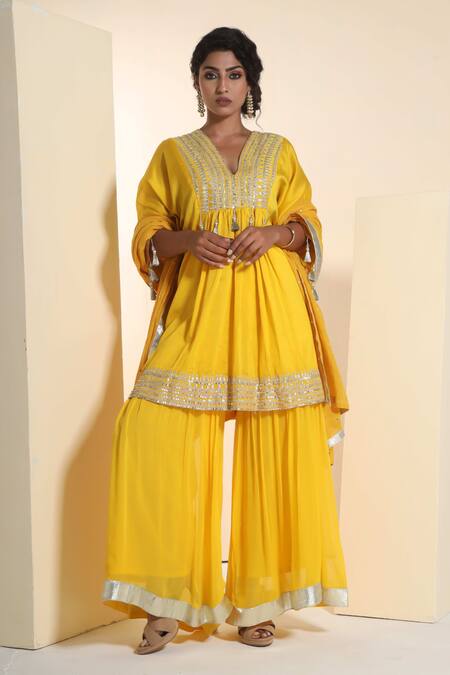 Buy_Sunita Nagi_Yellow Chanderi, Georgette, Cotton Tassels, Embroidered Yoke Kaftan Sharara Set _Online_at_Aza_Fashions