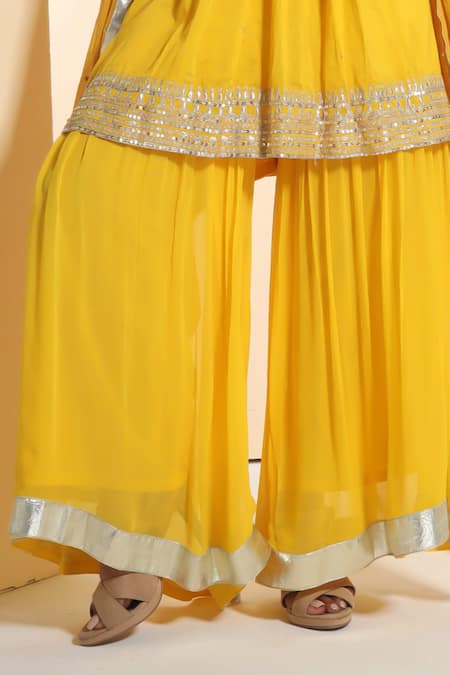 Shop_Sunita Nagi_Yellow Chanderi, Georgette, Cotton Tassels, Embroidered Yoke Kaftan Sharara Set _Online_at_Aza_Fashions