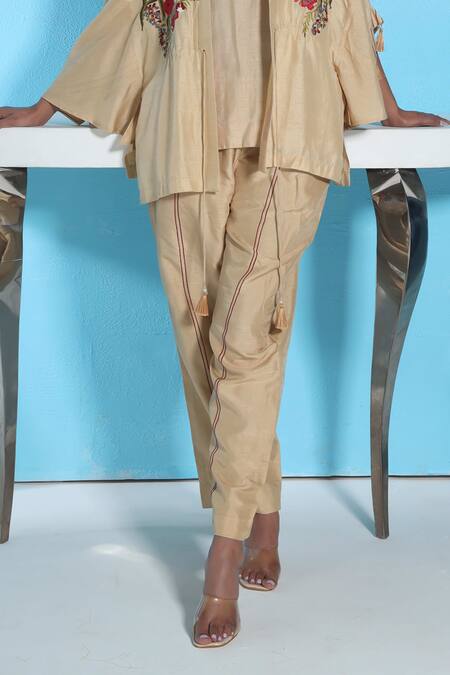 Buy_Sunita Nagi_Yellow Dupion Embroidered Thread Notched Rose Jacket And Pant Set _Online_at_Aza_Fashions