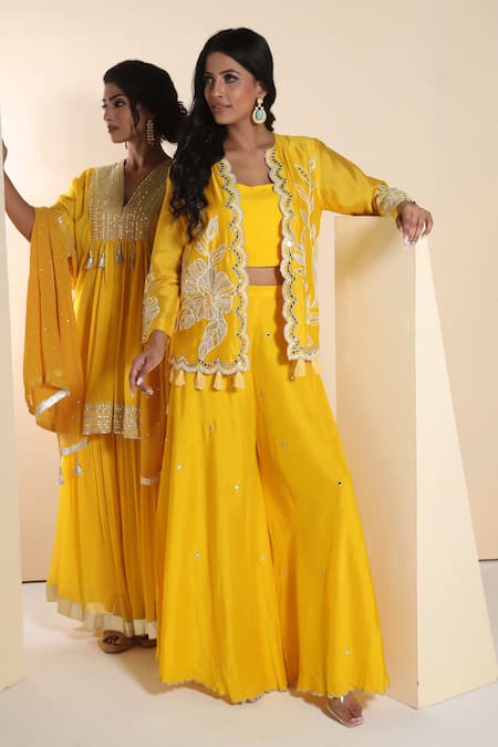 Sunita Nagi_Yellow Chanderi Mirrors, Embroidery Round , Square Jacket And Sharara Set _Online_at_Aza_Fashions