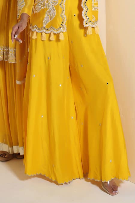Buy_Sunita Nagi_Yellow Chanderi Mirrors, Embroidery Round , Square Jacket And Sharara Set _Online_at_Aza_Fashions