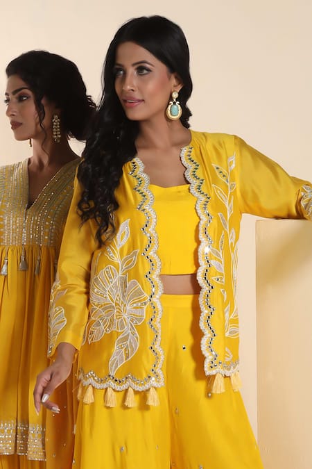 Shop_Sunita Nagi_Yellow Chanderi Mirrors, Embroidery Round , Square Jacket And Sharara Set _Online_at_Aza_Fashions