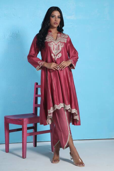 Buy_Sunita Nagi_Pink Chanderi, Cotton, Denim Gota Patti, Embroidery V-neck Lace Kurta Pant Set _Online_at_Aza_Fashions