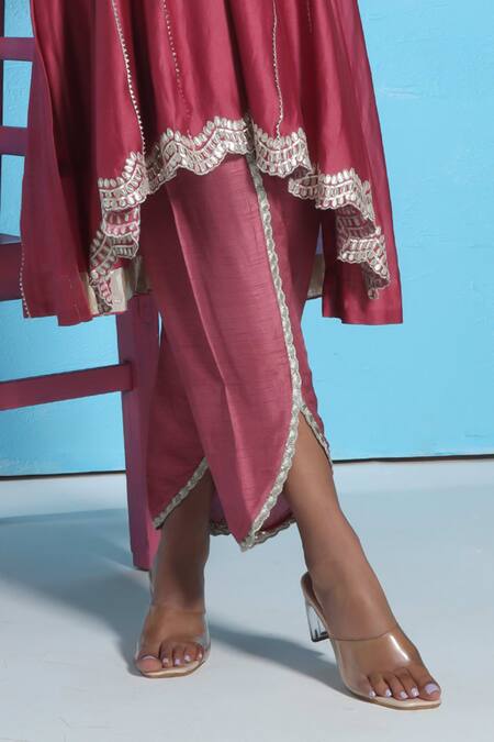 Sunita Nagi_Pink Chanderi, Cotton, Denim Gota Patti, Embroidery V-neck Lace Kurta Pant Set _at_Aza_Fashions