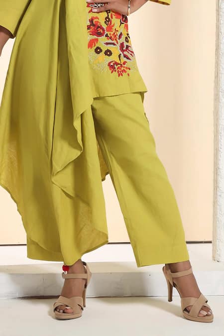 Sunita Nagi_Yellow Linen, Cotton Embroidery Mandarin Collar Asymmetric Kurta With Pant _Online_at_Aza_Fashions