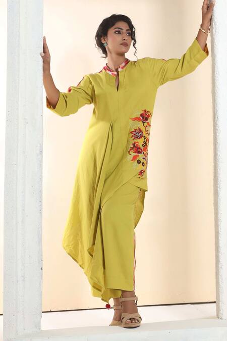 Buy_Sunita Nagi_Yellow Linen, Cotton Embroidery Mandarin Collar Asymmetric Kurta With Pant _Online_at_Aza_Fashions
