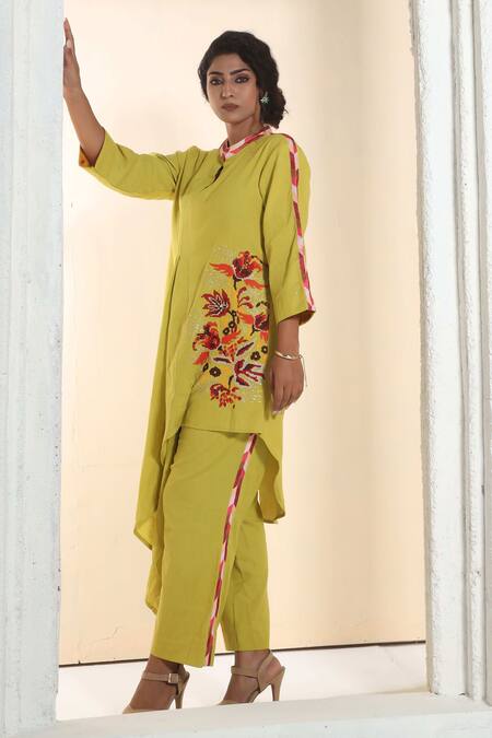 Sunita Nagi_Yellow Linen, Cotton Embroidery Mandarin Collar Asymmetric Kurta With Pant _at_Aza_Fashions