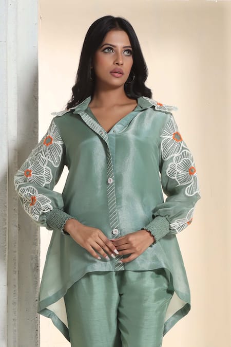 Sunita Nagi_Green Shimmer Embroidered Thread Collar Sleeve Shirt With Pant _Online_at_Aza_Fashions