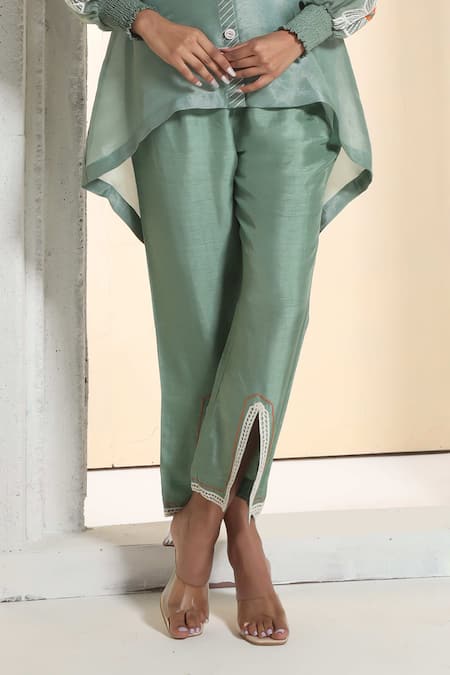 Buy_Sunita Nagi_Green Shimmer Embroidered Thread Collar Sleeve Shirt With Pant _Online_at_Aza_Fashions
