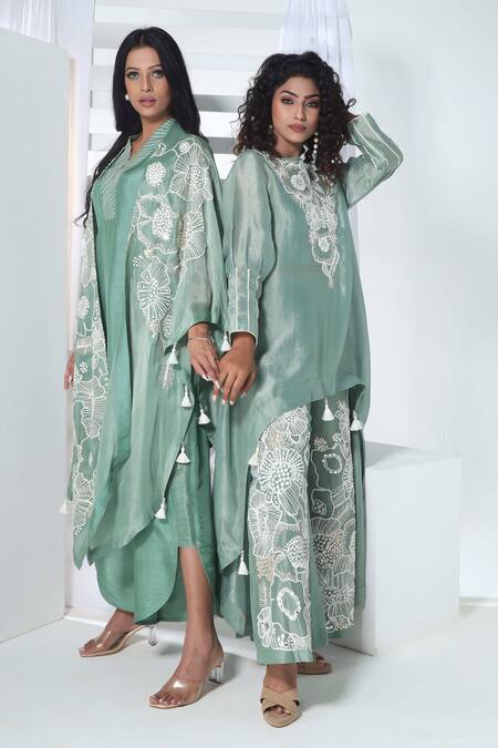 Buy_Sunita Nagi_Green Tissue Embroidery Boat Neck Floral Asymmetric Kurta With Pant _Online_at_Aza_Fashions
