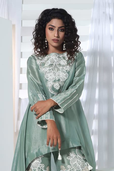 Shop_Sunita Nagi_Green Tissue Embroidery Boat Neck Floral Asymmetric Kurta With Pant _Online_at_Aza_Fashions