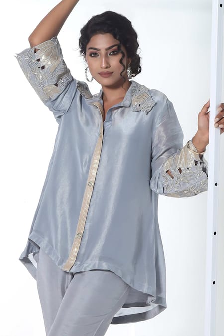 Sunita Nagi_Blue Shimmer Embroidered Thread Collar Cutwork Shirt With Pant _Online_at_Aza_Fashions
