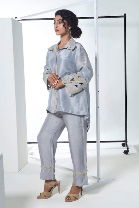 Buy_Sunita Nagi_Blue Shimmer Embroidered Thread Collar Cutwork Shirt With Pant _Online_at_Aza_Fashions