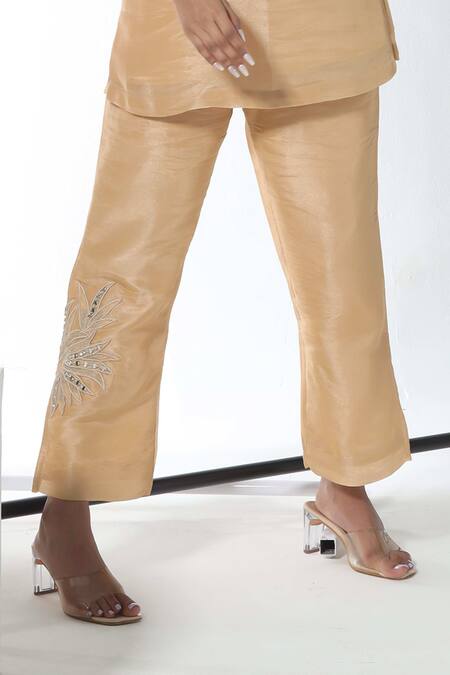 Sunita Nagi_Beige Shimmer Embroidered Thread Round Cutwork Top With Pant _Online_at_Aza_Fashions