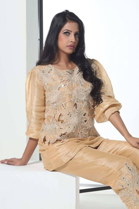 Shop_Sunita Nagi_Beige Shimmer Embroidered Thread Round Cutwork Top With Pant _Online_at_Aza_Fashions