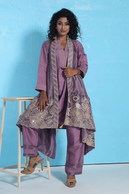 Sunita Nagi Purple Denim, Silk Embroidery, Mirrors Open Asymmetric Jacket With Kurta Set Online at Aza Fashions Sunita Nagi_Purple Denim, Silk Embroidery, Mirrors Open Asymmetric Jacket With Kurta Set _Online_at_Aza_Fashions