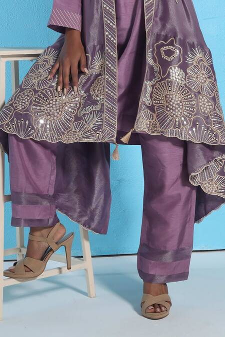 Buy Sunita Nagi Purple Denim, Silk Embroidery, Mirrors Open Asymmetric Jacket With Kurta Set Online at Aza Fashions Buy_Sunita Nagi_Purple Denim, Silk Embroidery, Mirrors Open Asymmetric Jacket With Kurta Set _Online_at_Aza_Fashions