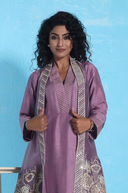Shop Sunita Nagi Purple Denim, Silk Embroidery, Mirrors Open Asymmetric Jacket With Kurta Set Online at Aza Fashions Shop_Sunita Nagi_Purple Denim, Silk Embroidery, Mirrors Open Asymmetric Jacket With Kurta Set _Online_at_Aza_Fashions