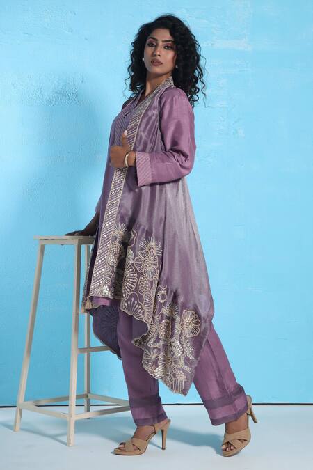 Sunita Nagi Purple Denim, Silk Embroidery, Mirrors Open Asymmetric Jacket With Kurta Set at Aza Fashions Sunita Nagi_Purple Denim, Silk Embroidery, Mirrors Open Asymmetric Jacket With Kurta Set _at_Aza_Fashions