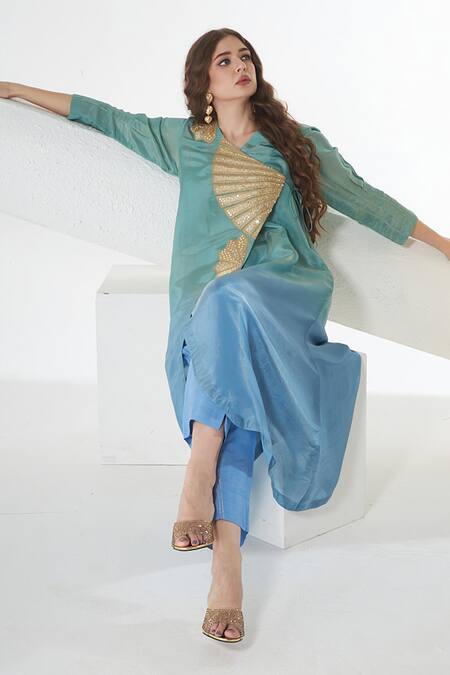 Sunita Nagi_Blue Silk Sequins V-neck Embroidered Overlapping Kurta Pant Set _Online_at_Aza_Fashions