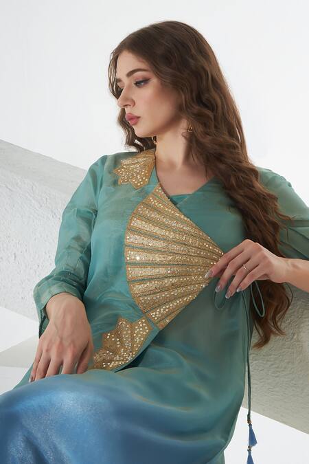 Buy_Sunita Nagi_Blue Silk Sequins V-neck Embroidered Overlapping Kurta Pant Set _Online_at_Aza_Fashions