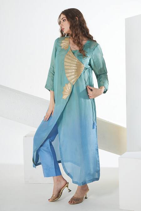 Shop_Sunita Nagi_Blue Silk Sequins V-neck Embroidered Overlapping Kurta Pant Set _Online_at_Aza_Fashions
