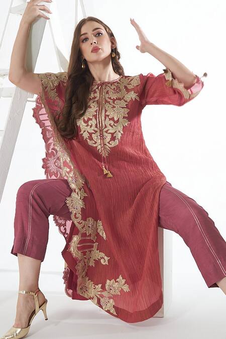Buy_Sunita Nagi_Pink Crepe Embroidery Round Neck Asymmetric Sleeve Kurta With Pant _Online_at_Aza_Fashions