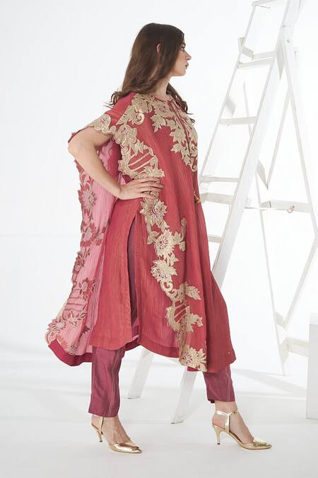 Shop_Sunita Nagi_Pink Crepe Embroidery Round Neck Asymmetric Sleeve Kurta With Pant _Online_at_Aza_Fashions