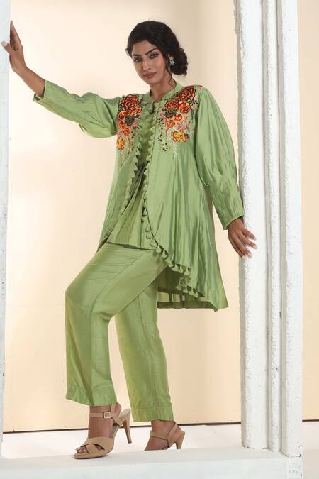 Sunita Nagi_Green Chanderi, Denim Embroidery, Tassels Asymmetric Jacket With Kurta Set _Online_at_Aza_Fashions