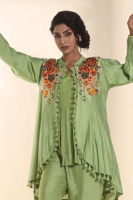 Buy_Sunita Nagi_Green Chanderi, Denim Embroidery, Tassels Asymmetric Jacket With Kurta Set _Online_at_Aza_Fashions