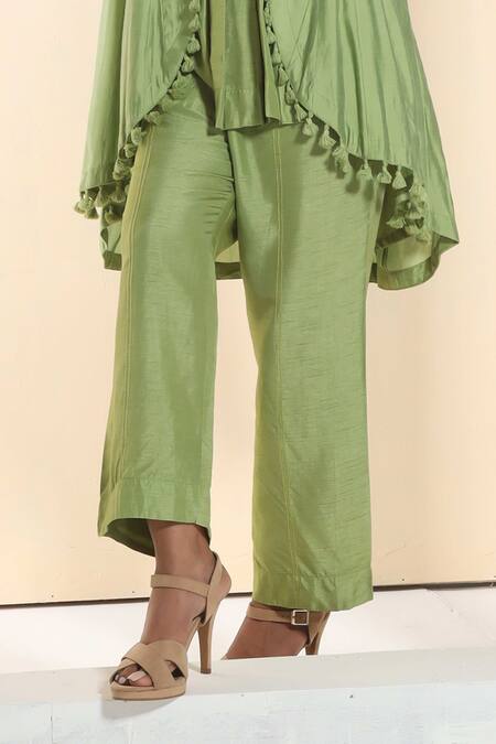 Shop_Sunita Nagi_Green Chanderi, Denim Embroidery, Tassels Asymmetric Jacket With Kurta Set _Online_at_Aza_Fashions