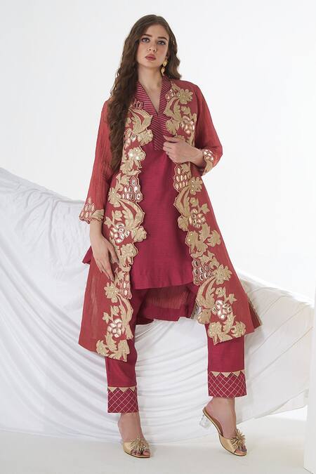 Sunita Nagi_Pink Crepe, Cotton Embroidery Open Neck, Front Jacket With Kurta Set _Online_at_Aza_Fashions