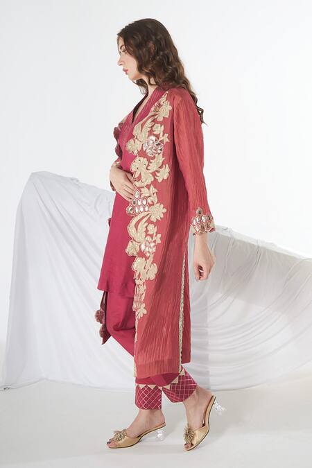 Buy_Sunita Nagi_Pink Crepe, Cotton Embroidery Open Neck, Front Jacket With Kurta Set _Online_at_Aza_Fashions