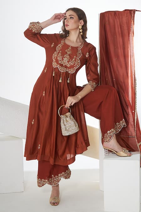 Sunita Nagi Brown Chanderi, Denim Embroidery, Tassels Round Neck Floral Anarkali Set Online at Aza Fashions Sunita Nagi_Brown Chanderi, Denim Embroidery, Tassels Round Neck Floral Anarkali Set _Online_at_Aza_Fashions