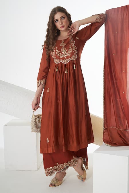 Buy Sunita Nagi Brown Chanderi, Denim Embroidery, Tassels Round Neck Floral Anarkali Set Online at Aza Fashions Buy_Sunita Nagi_Brown Chanderi, Denim Embroidery, Tassels Round Neck Floral Anarkali Set _Online_at_Aza_Fashions