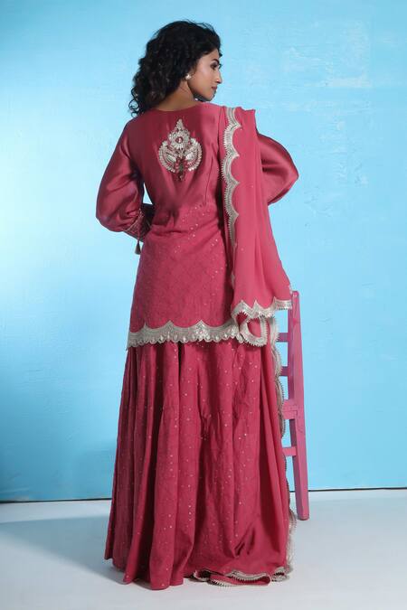Shop_Sunita Nagi_Pink Chanderi, Georgette Sequins, Embroidery Plunge Neck Kurta Sharara Set _at_Aza_Fashions