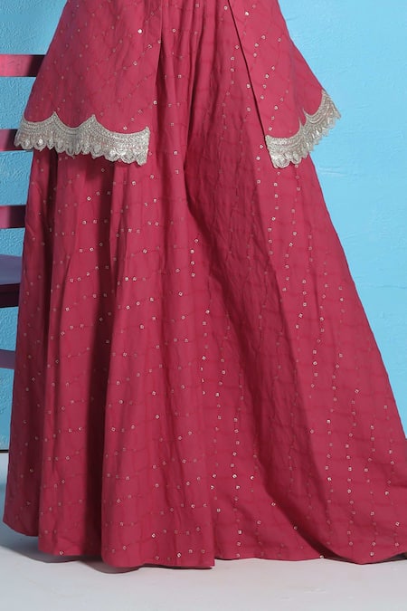 Sunita Nagi_Pink Chanderi, Georgette Sequins, Embroidery Plunge Neck Kurta Sharara Set _Online_at_Aza_Fashions