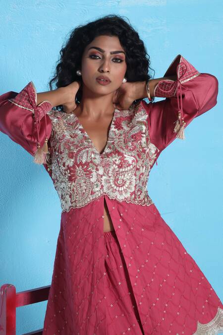 Buy_Sunita Nagi_Pink Chanderi, Georgette Sequins, Embroidery Plunge Neck Kurta Sharara Set _Online_at_Aza_Fashions