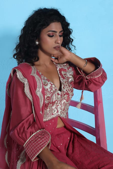 Sunita Nagi_Pink Chanderi, Georgette Sequins, Embroidery Plunge Neck Kurta Sharara Set _at_Aza_Fashions