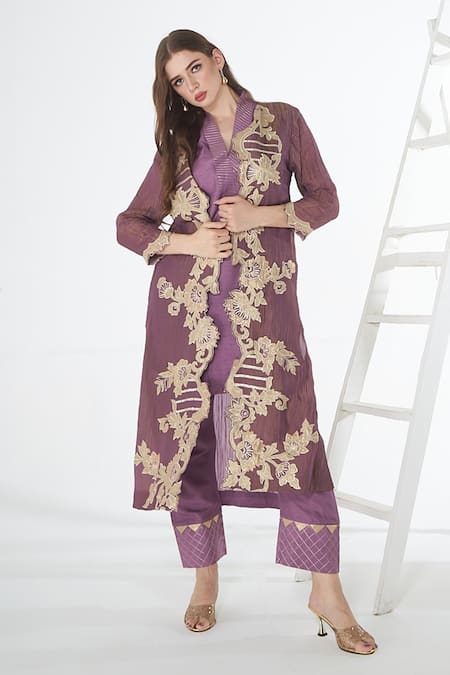 Sunita Nagi_Purple Crepe, Silk Embroidery Open Neck, Front Jacket With Kurta Set _Online_at_Aza_Fashions