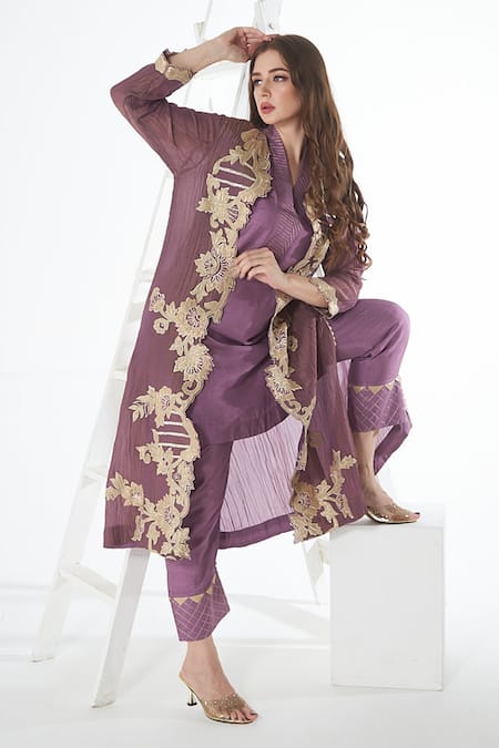 Buy_Sunita Nagi_Purple Crepe, Silk Embroidery Open Neck, Front Jacket With Kurta Set _Online_at_Aza_Fashions
