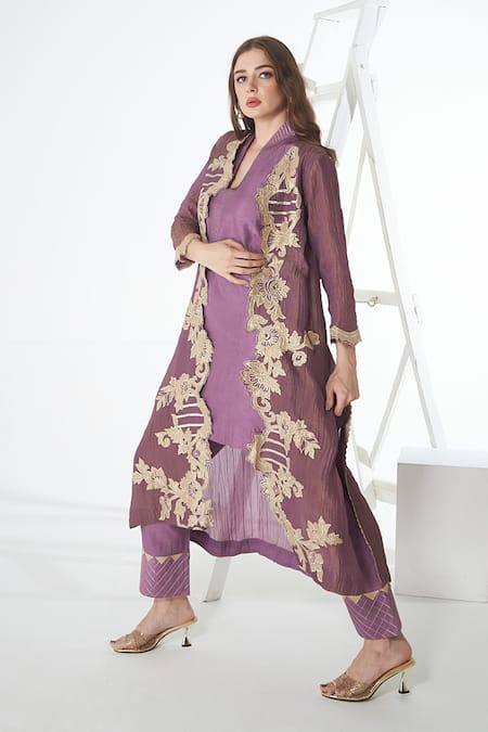 Shop_Sunita Nagi_Purple Crepe, Silk Embroidery Open Neck, Front Jacket With Kurta Set _Online_at_Aza_Fashions