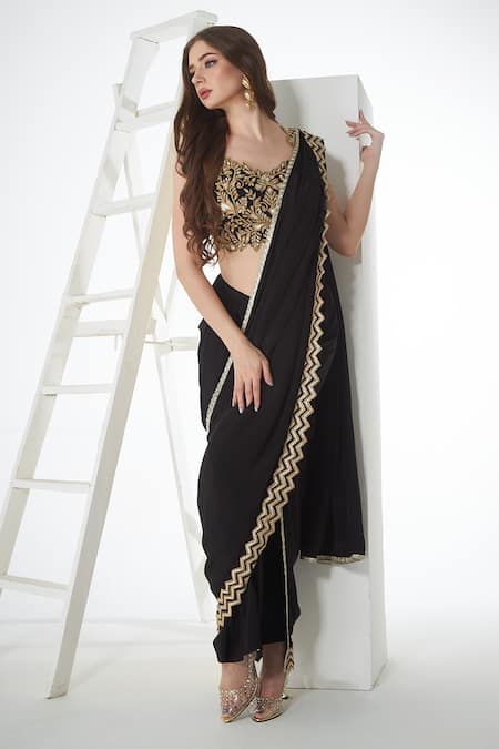 Sunita Nagi_Black Crepe Embroidery V-neck Hem Dhoti Skirt Saree With Blouse _Online_at_Aza_Fashions