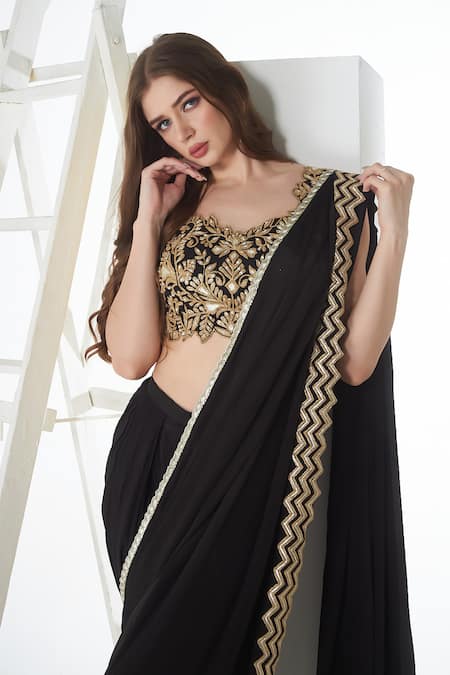 Buy_Sunita Nagi_Black Crepe Embroidery V-neck Hem Dhoti Skirt Saree With Blouse _Online_at_Aza_Fashions