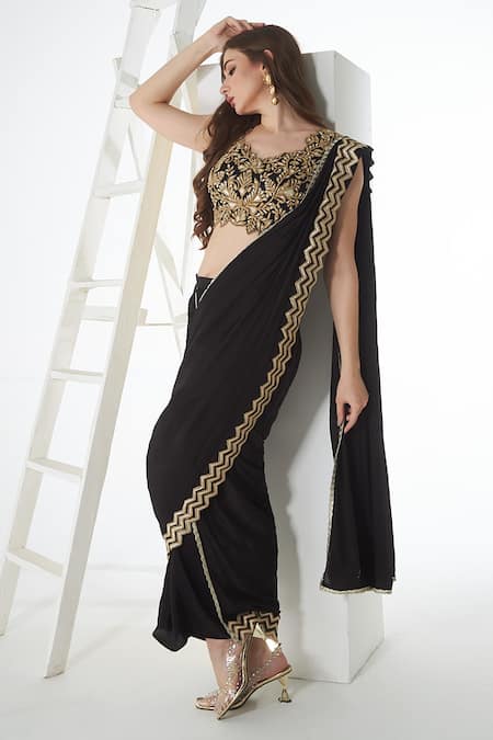 Sunita Nagi_Black Crepe Embroidery V-neck Hem Dhoti Skirt Saree With Blouse _at_Aza_Fashions