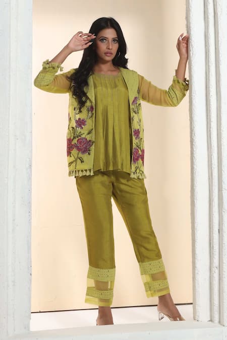 Sunita Nagi Yellow Hakoba Embroidered Floral Tunic Round Cross Stitch Jacket With Set 